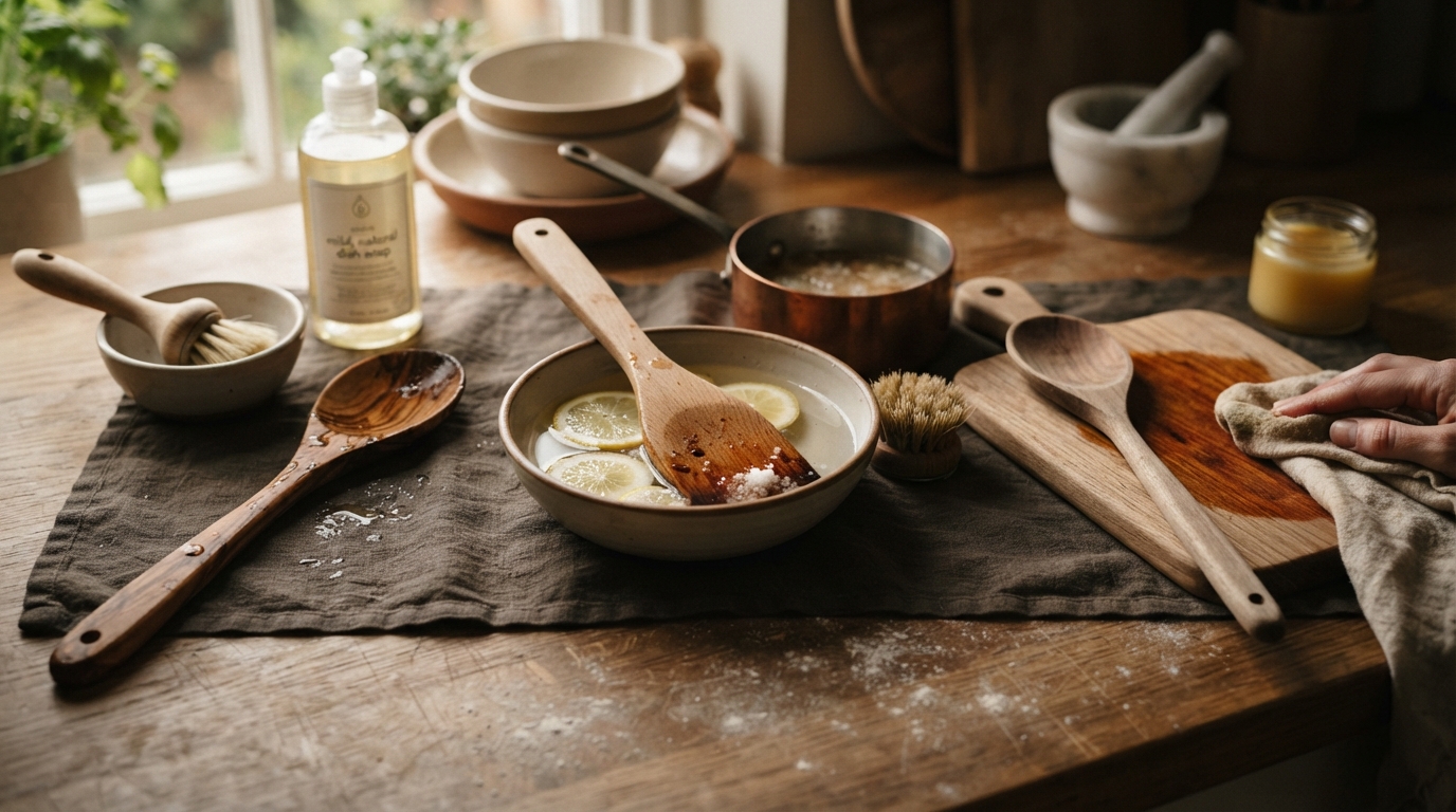 Editorial illustration for Three Levels of Care: How to Wash, Deep Clean, and Restore Wooden Kitchen Utensils